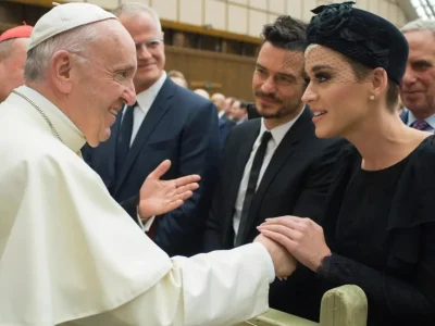 Katy Perry bersalaman dengan Paus Fransiskus. Foto: Dok. Vatican Media Foto via People