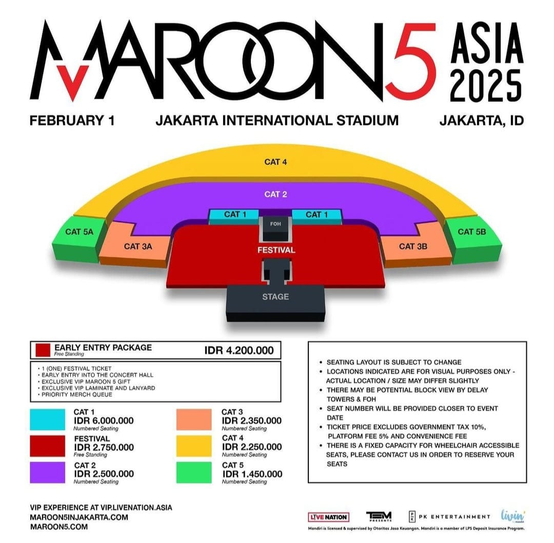 Seating plan konser Maroon 5 di Jakarta International Stadium. Foto: Dok. Instagram @pkentertainment.id