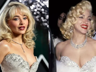 Sabrina Carpenter pakai gaun yang sama dengan Madonna. Foto: Dok. Kolase X @MTV, Ron Galella/Getty Images via People