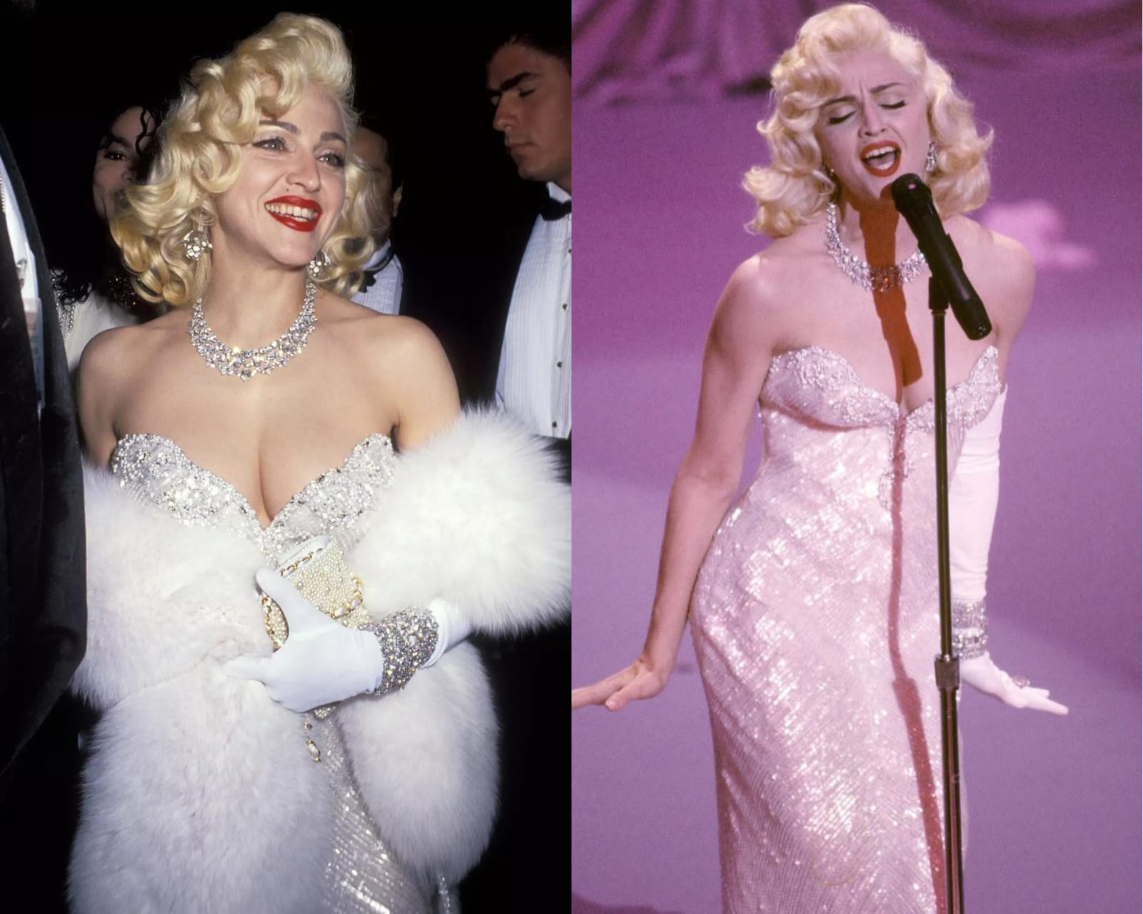 Gaun Madonna terinspirasi dari Marylin Monroe. Foto: Dok. Kolase Ron Galella/Getty Images via People, Instagram @tabvintage