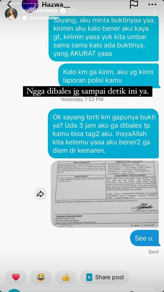 Mahalini menghubungi pemilik akun @Hazwa__ untuk memberikan bukti dari konten yang diunggahnya (Foto: Instagram/mahaliniraharja)
