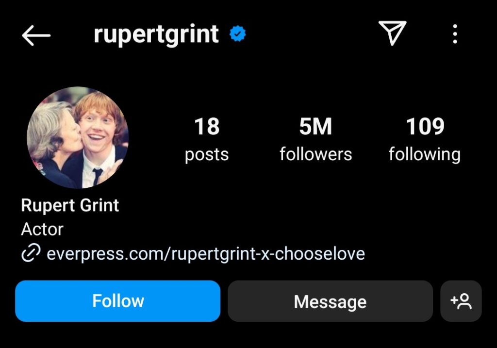 Rupert Grint mengganti foto profilnya (Foto tangkap layar Instagram/@rupertgrint)