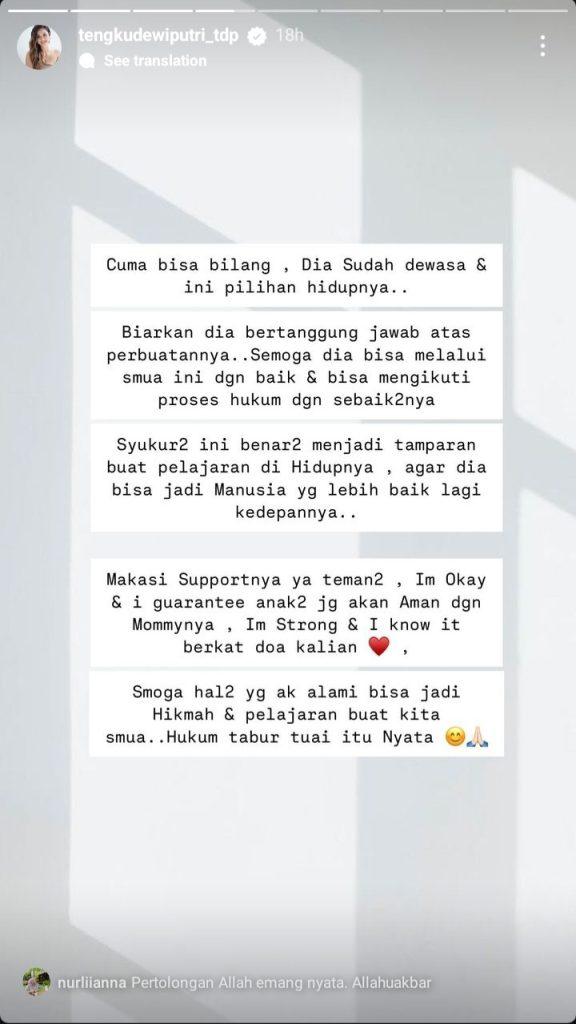 Respon Tengku Dewi terkait kasus penangkapan Andrew Andika melalui unggahan Instagram story (Foto: Instagram/tengkudewiputri_tdp)