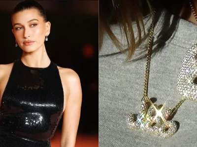Hailey Bieber pamer kalung berlian 'JBB'. Foto: Dok. Instagram @haileybieber