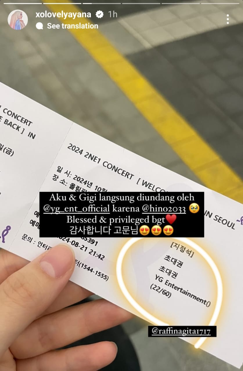 Tiket konser Gigi dan Ayana dari YG Entertainment. Foto: Dok. Instagram @xolovelyayana