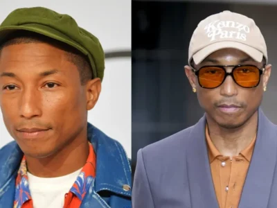 Perbandingan wajah Pharrel Williams pada 2015 (kiri) dan 2024 (kanan). Foto: Dok. Kolase Erik Pendzich/Shutterstock, Rebecca Blackwell/AP News