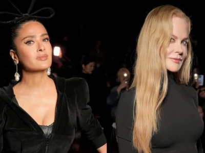 Salma Hayek dan Nicole Kidman saat menghadiri Paris Fashion Week. Foto: Dok. Swan Gallet, Stephane Feugere/WWD