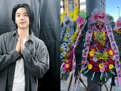 Suga BTS dikirimi karangan bunga kematian oleh penggemar. Foto: Dok. Kolase Instiz, X @ bts_bighit