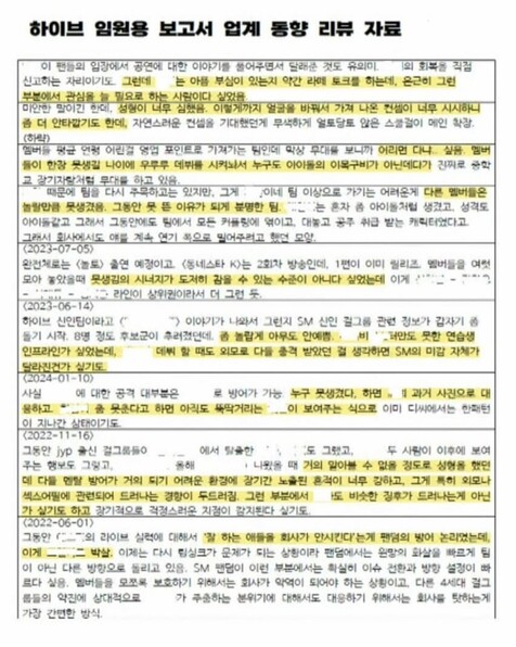 Dokumen HYBE yang berisikan komentar buruk terhadap pada idol. Foto: Dok. Hankyeore
