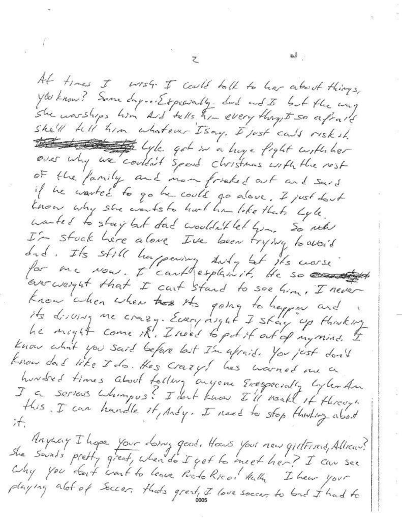 Erik Menendez menulis surat di tahun 1988 tentang kekerasan yang didapatkan dari ayahnya (Foto: Doc. Superior Court of The State of California, Los Angeles County)