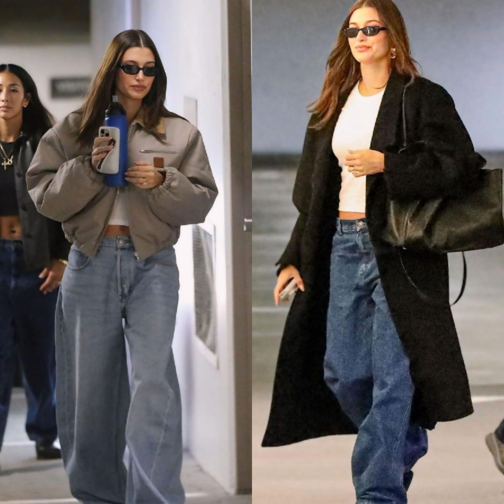 Jeans dan kaos putih yang di layered dengan jaket atau mantel (Foto: Instagram/haileybisfashion)