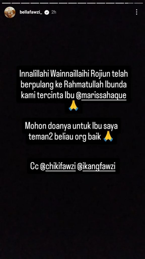 Bella Fawzi membagikan kabar duka melalui Instagram story (Foto: Instagram/bellafawzi_)