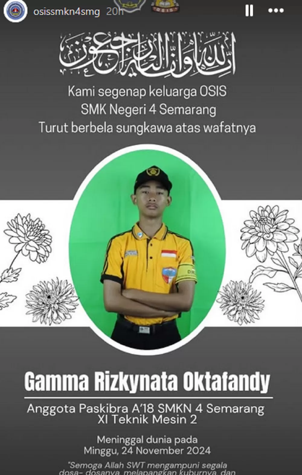 BERDUKA: Tewasnya siswa SMK Negeri 4 Semarang. (Foto: Istimewa) 