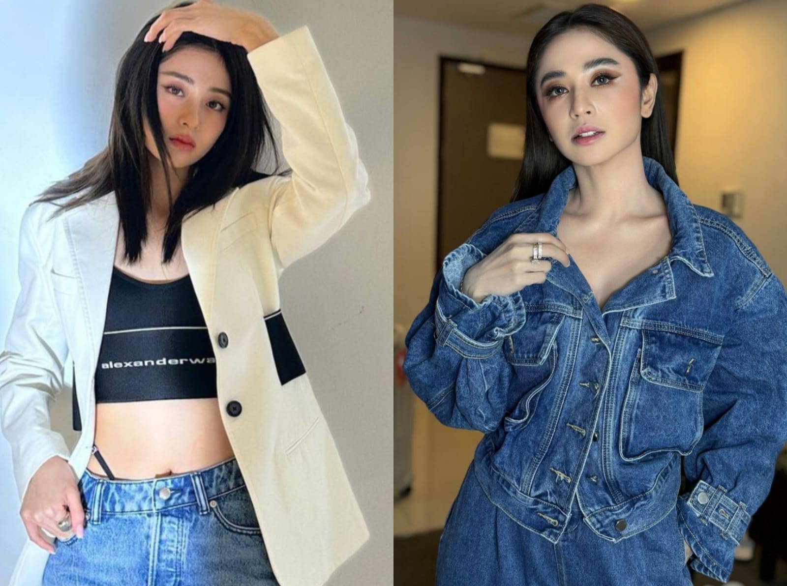 Yunjin Le Sserafim dan Dewi Persik. Foto: Dok. Kolase Instagram @jenaissante, @dewiperssik9