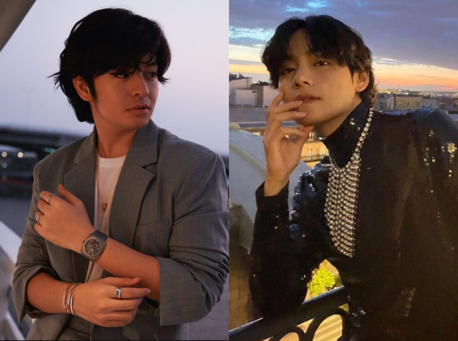 Angga Yunanda dan V BTS. Foto: Dok. Kolase Instagram @angga, @thv