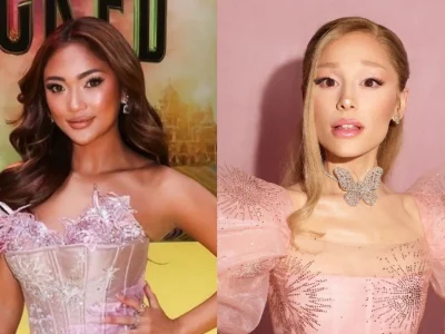 Marion Jola beri kain batik ke Ariana Grande 'Wicked'. (Foto: Instagram/lalamarionj dan Instagram/arianagrande)