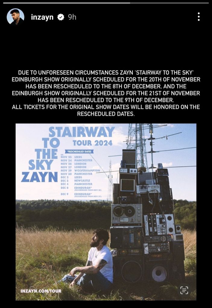 Zayn Malik tunda konser (Foto: Instagram/inzayn)