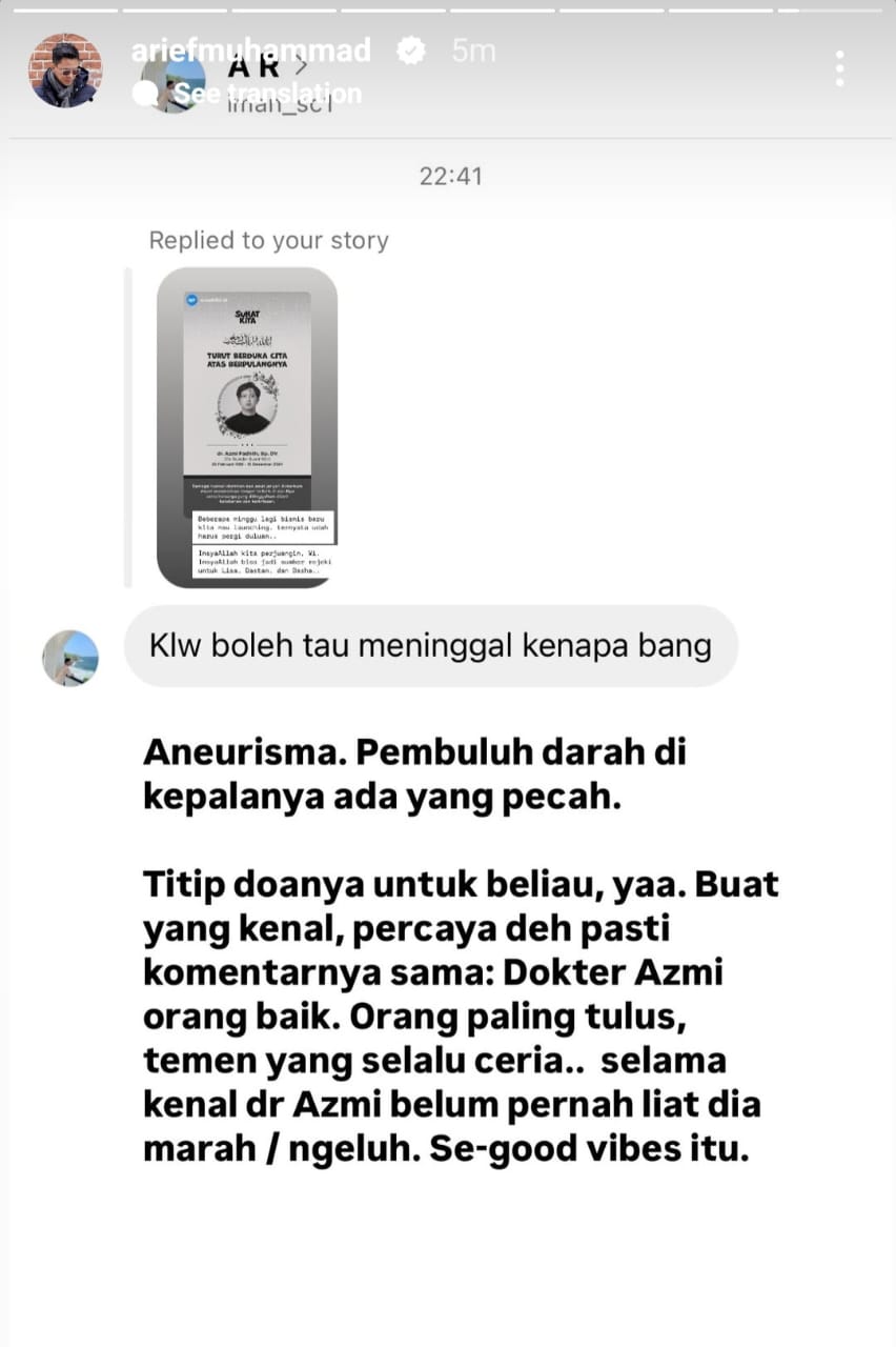 Penjelasan terkait penyebab dokter Azmi meninggal. Foto: Dok. Instagram @ariefmuhammad