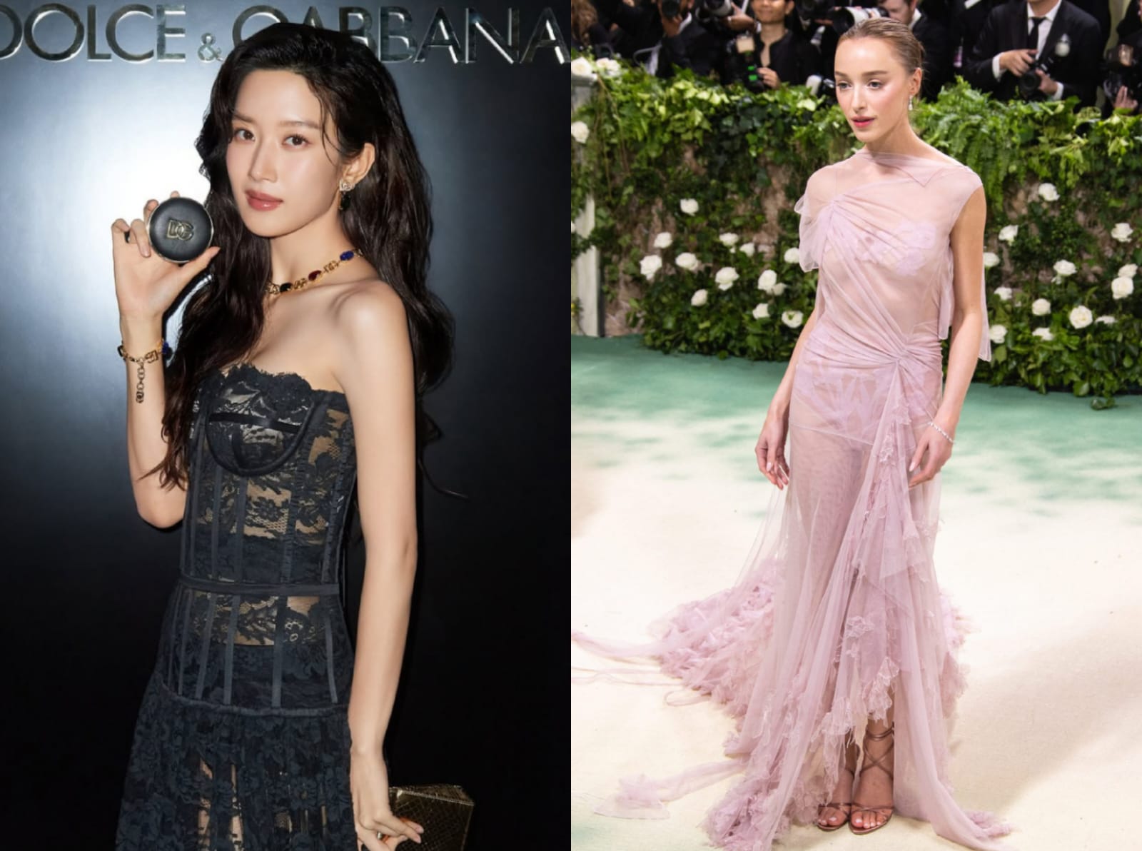 Moon Ga Young dan Phoebe Dynevor mengenakan busana transparan. Foto: Dok. Kolase Instagram @dolcegabbana_beauty, Lexie Moreland/WWD