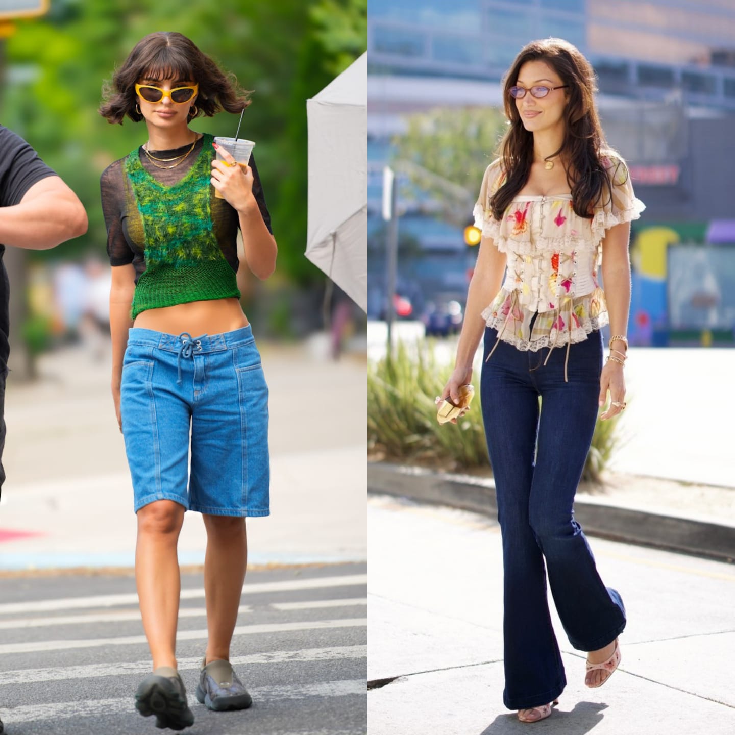 Tren fashion Y2K ala Emily Ratajkowski dan Gigi Hadid. Foto: Dok. Kolase Gotham/Getty Images, Just Jared