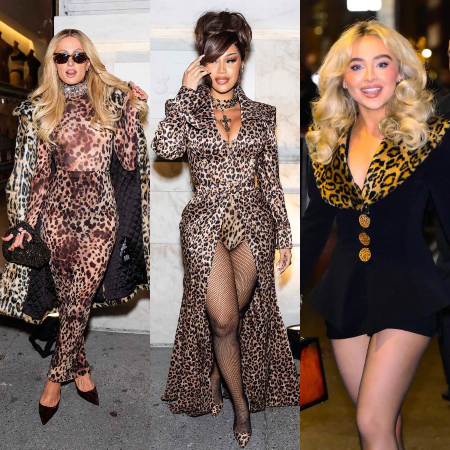 Paris Hilton, Cardi B, dan Sabrina Carpenter mengenakan pakaian macan tutul. Foto: Dok. Kolase TheStewartofNY, Raymond Hall/Getty Images