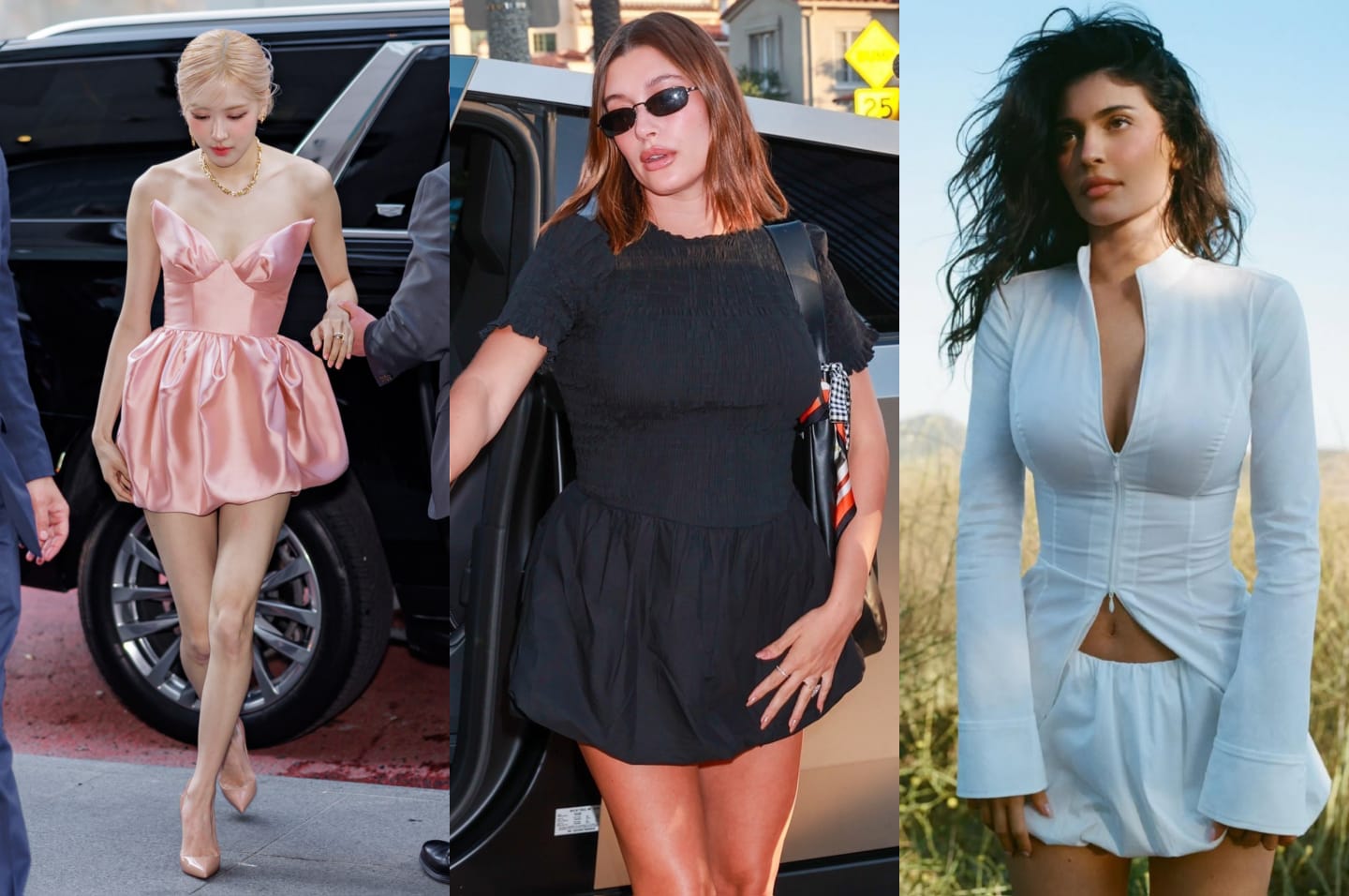 Rose BLACKPINK, Hailey Bieber, dan Kylie Jenner mengenakan rok bubble. Foto: Dok. Kolase The Hapa Blonde, Backgrid USA, Instagram @kyliejenner