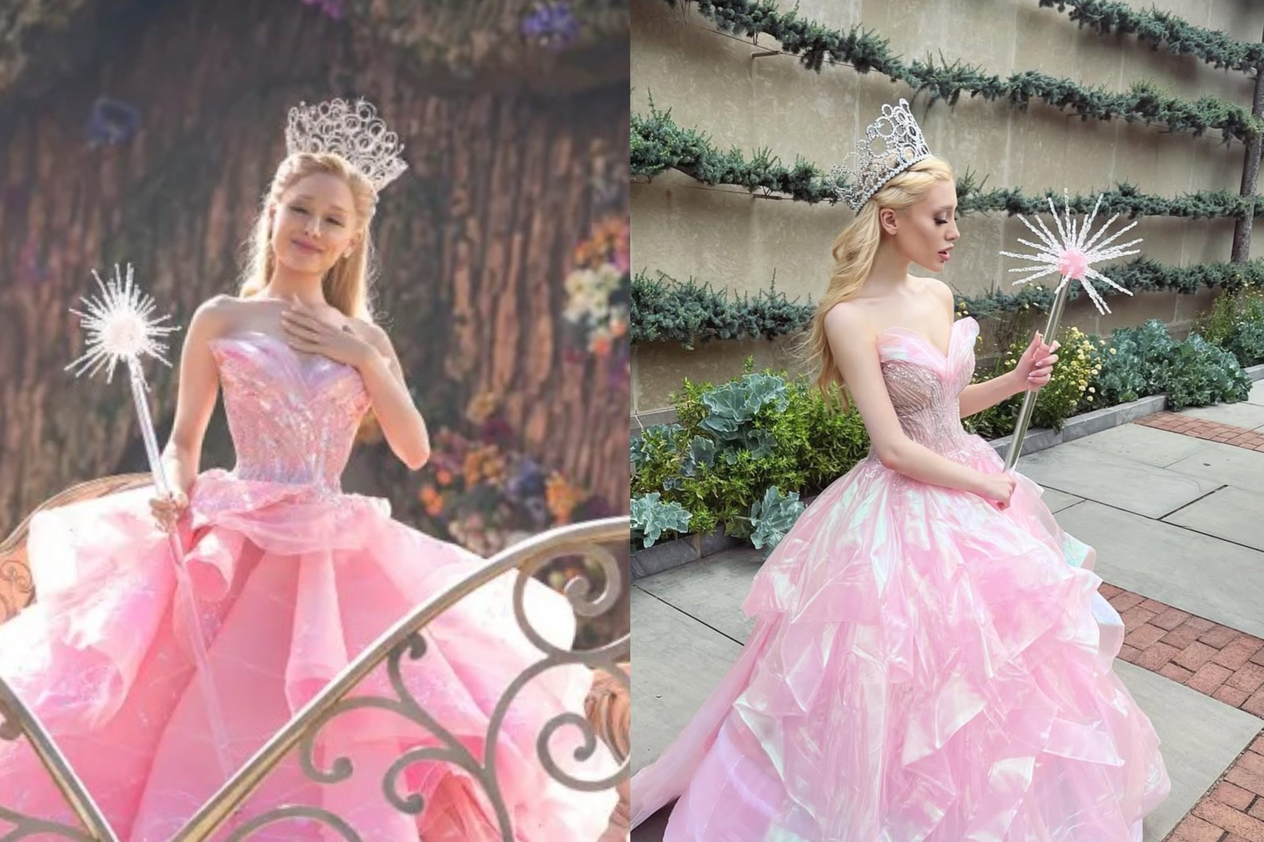 Page Niemann (kanan) yang menirukan kostum Glinda di film 'Wicked' (Foto: Universal Pictures dan Instagram/paigeniemann)