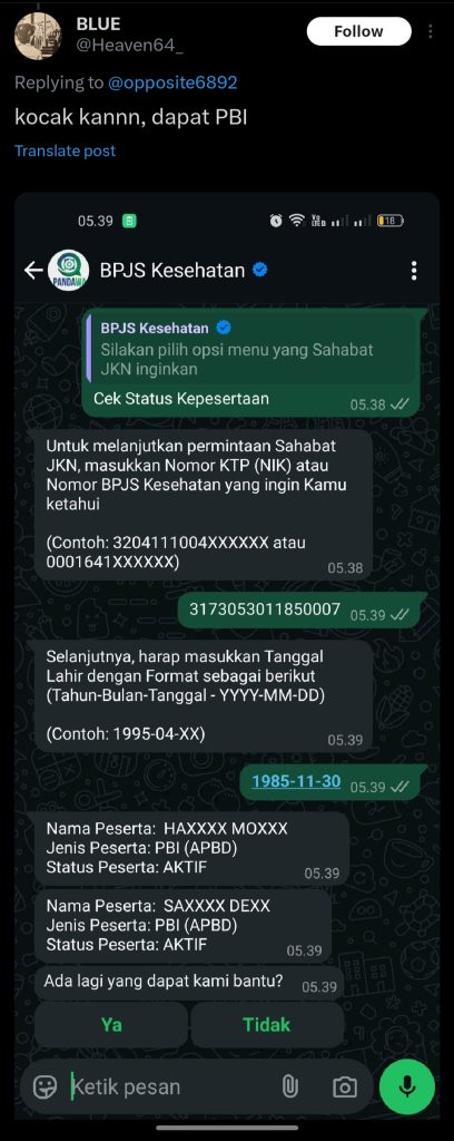 Bukti kepesertaan PBI BPJS (Foto: X/Haeven64_)