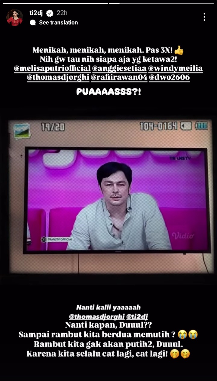 Unggahan story Titi DJ (Foto: Instagram/ti2dj)