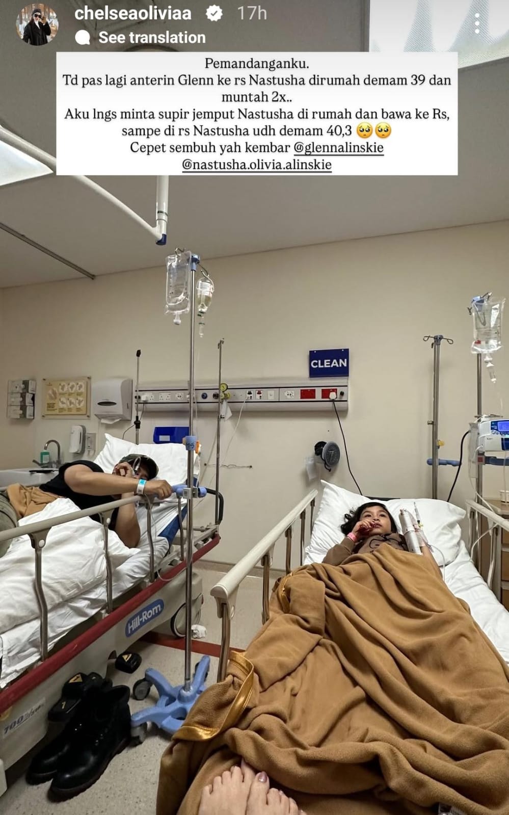 Glenn dan Nastusha dirawat di rumah sakit. Foto: Dok. Instagram @chelseaoliviaa