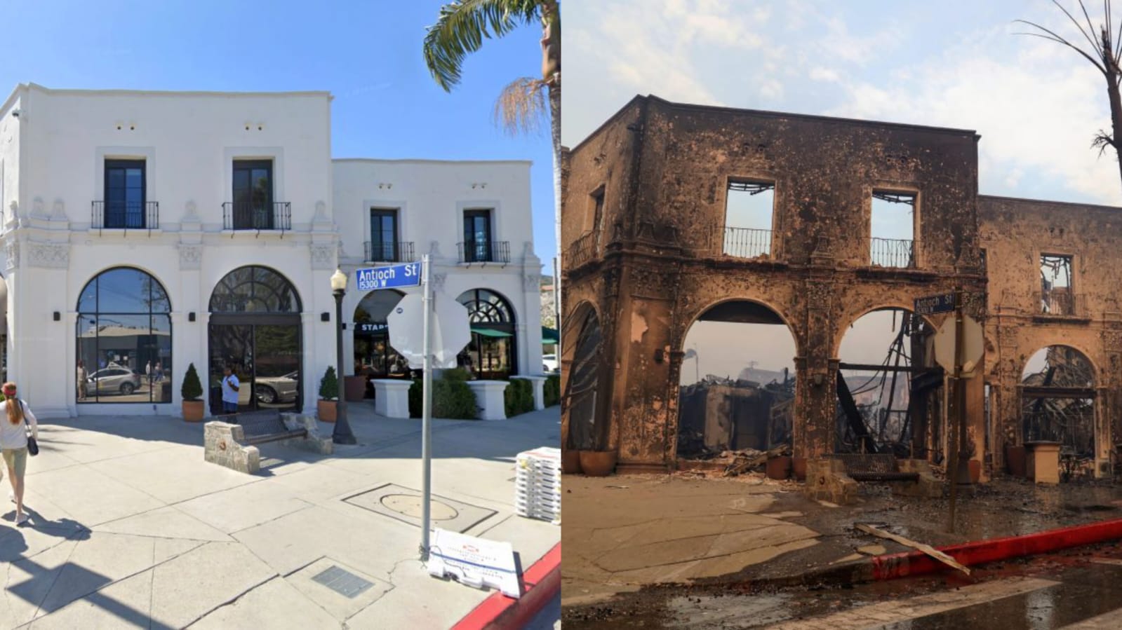 Before after salah satu bangunan di Pacific Palisades. Foto: Dok. Kolase Google Street, APEX/MEGA
