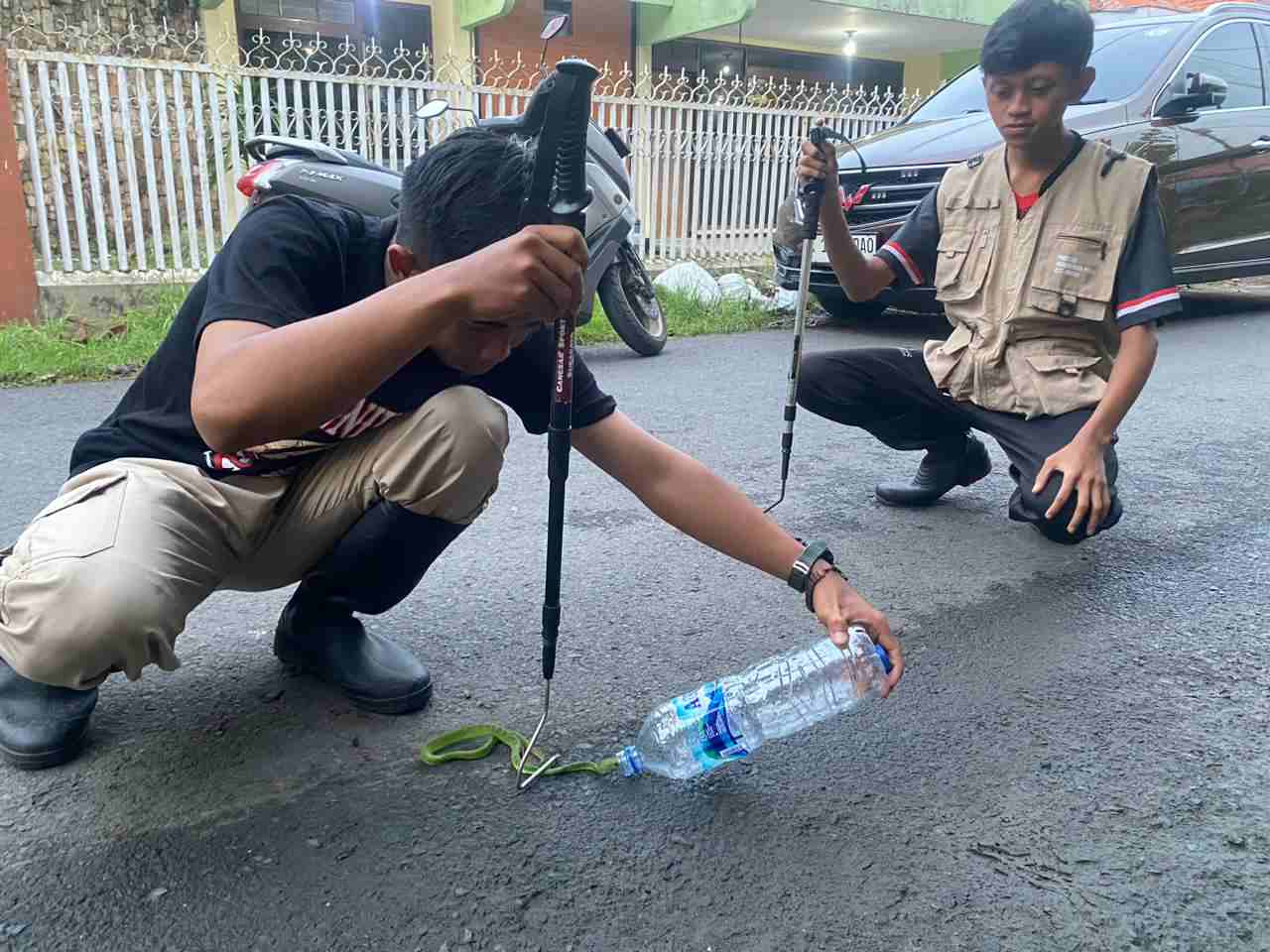 Menangkap ular dengan botol. Foto : Azharul Hakim/Nyata