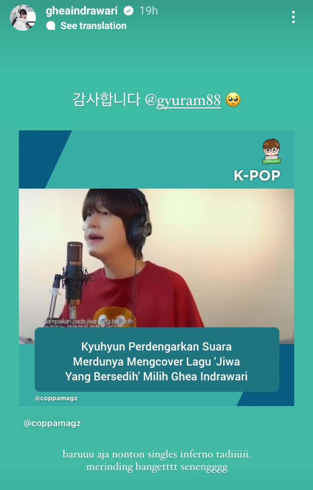 Reaksi Ghea setelah lagunya dicover oleh Kyuhyun Super Junior. Foto: Dok. Instagram @gheaindrawari