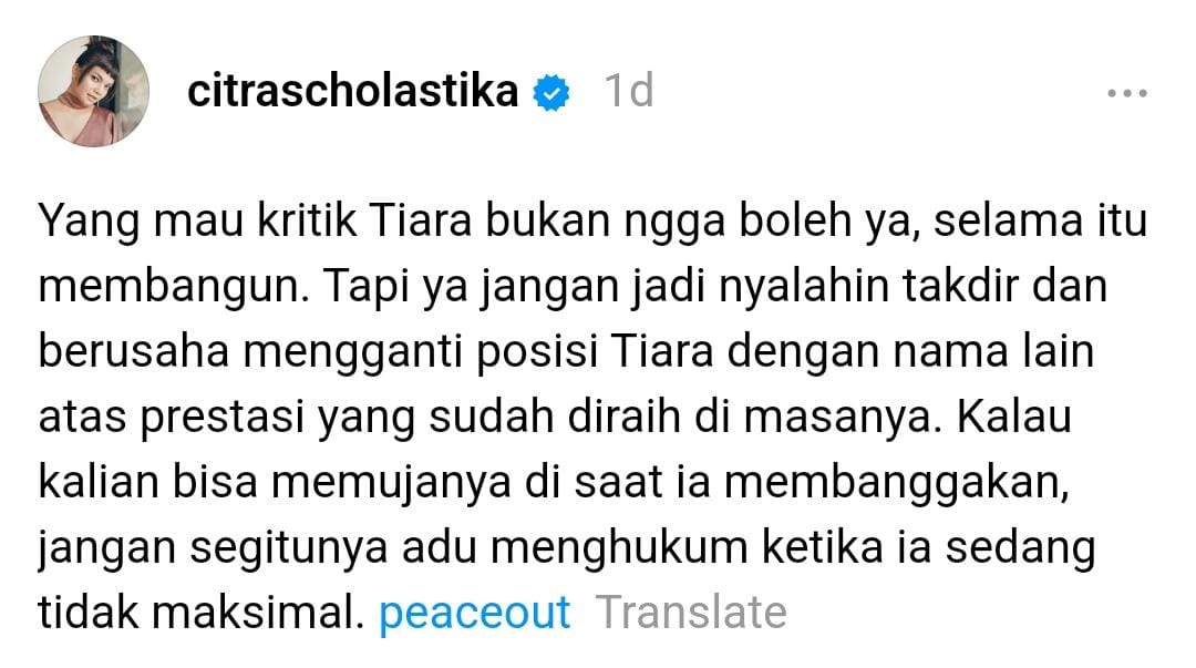 Unggahan Citra Scholastika yang membela Tiara Andini. Foto: Dok. Threads @citrascholastika