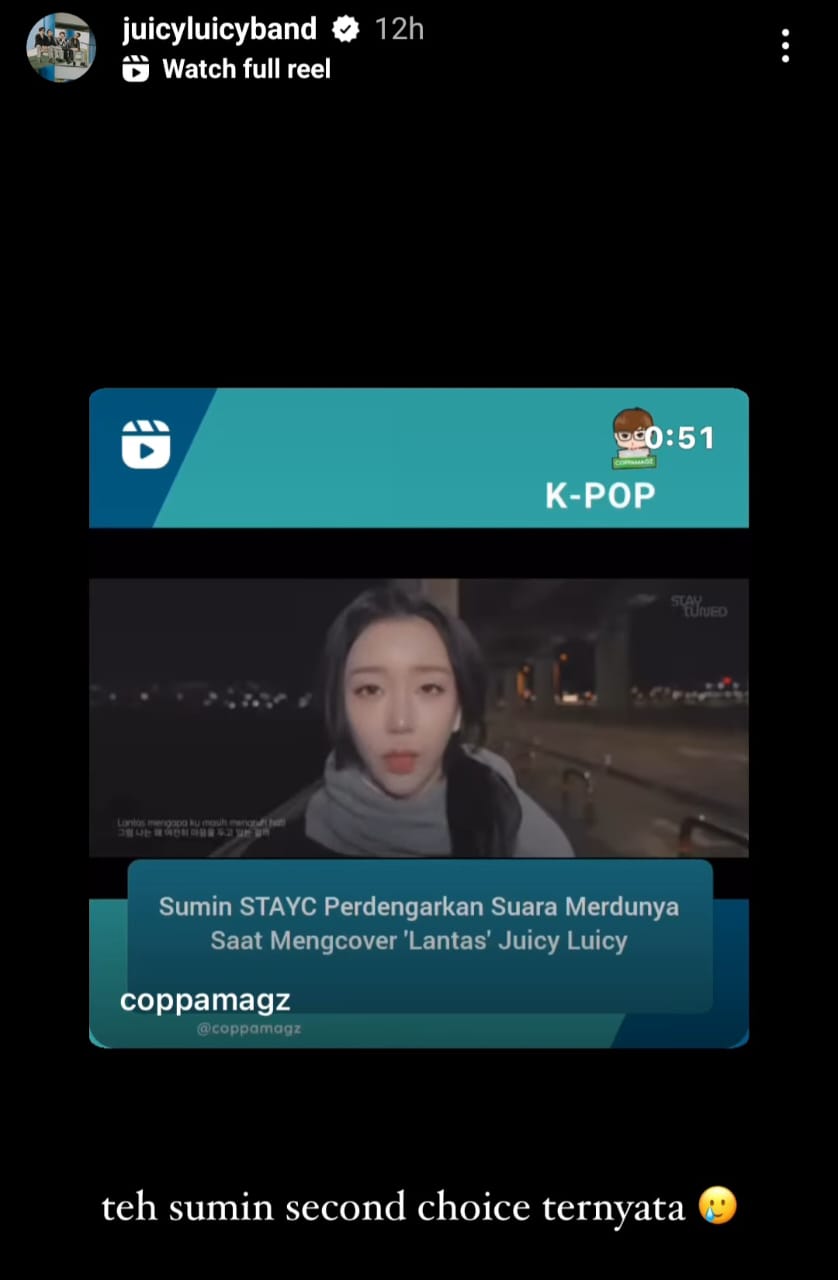 Instagram Story Juicy Luicy terhadap cover Sumin StayC. Foto: Dok. Instagram @juicyluicyband