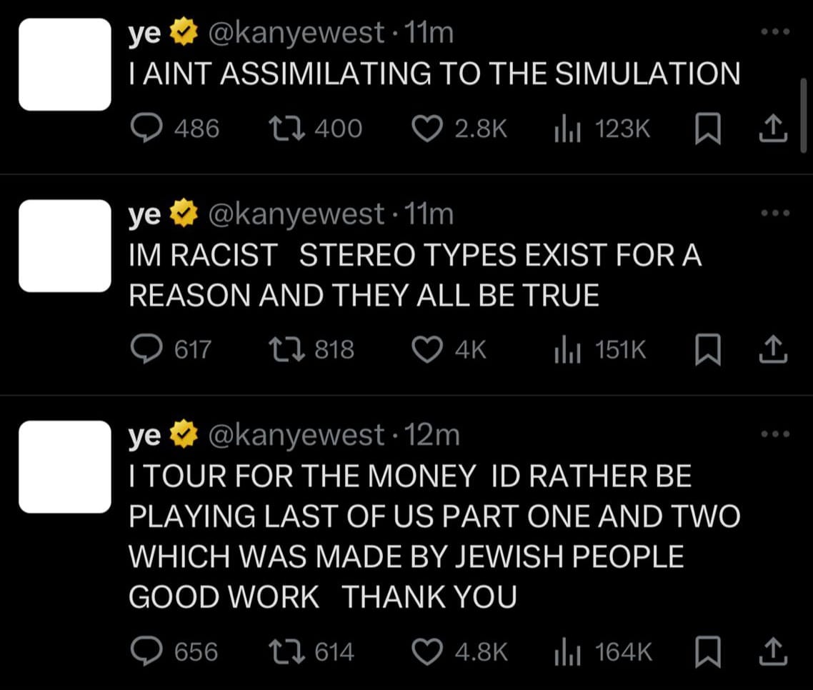 Cuitan Kanye yang mengakui kalau dirinya rasis. Foto: Dok. X @kanyewest