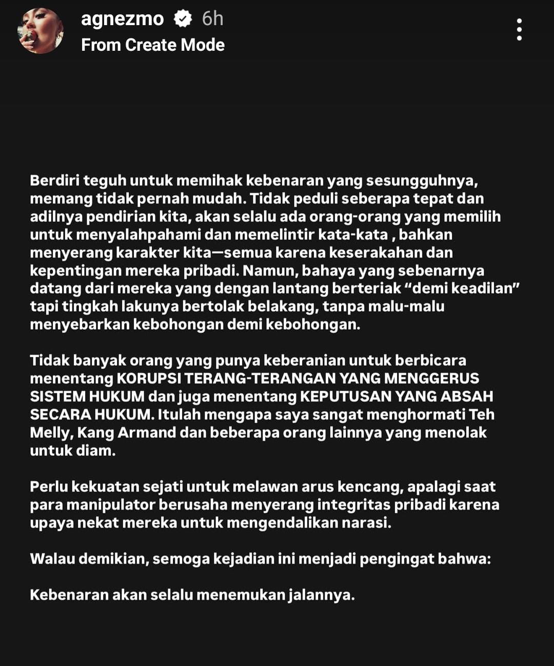 Curhatan Agnez yang menyinggung keadilan dan kebohongan. Foto: Dok. Instagram @agnezmo