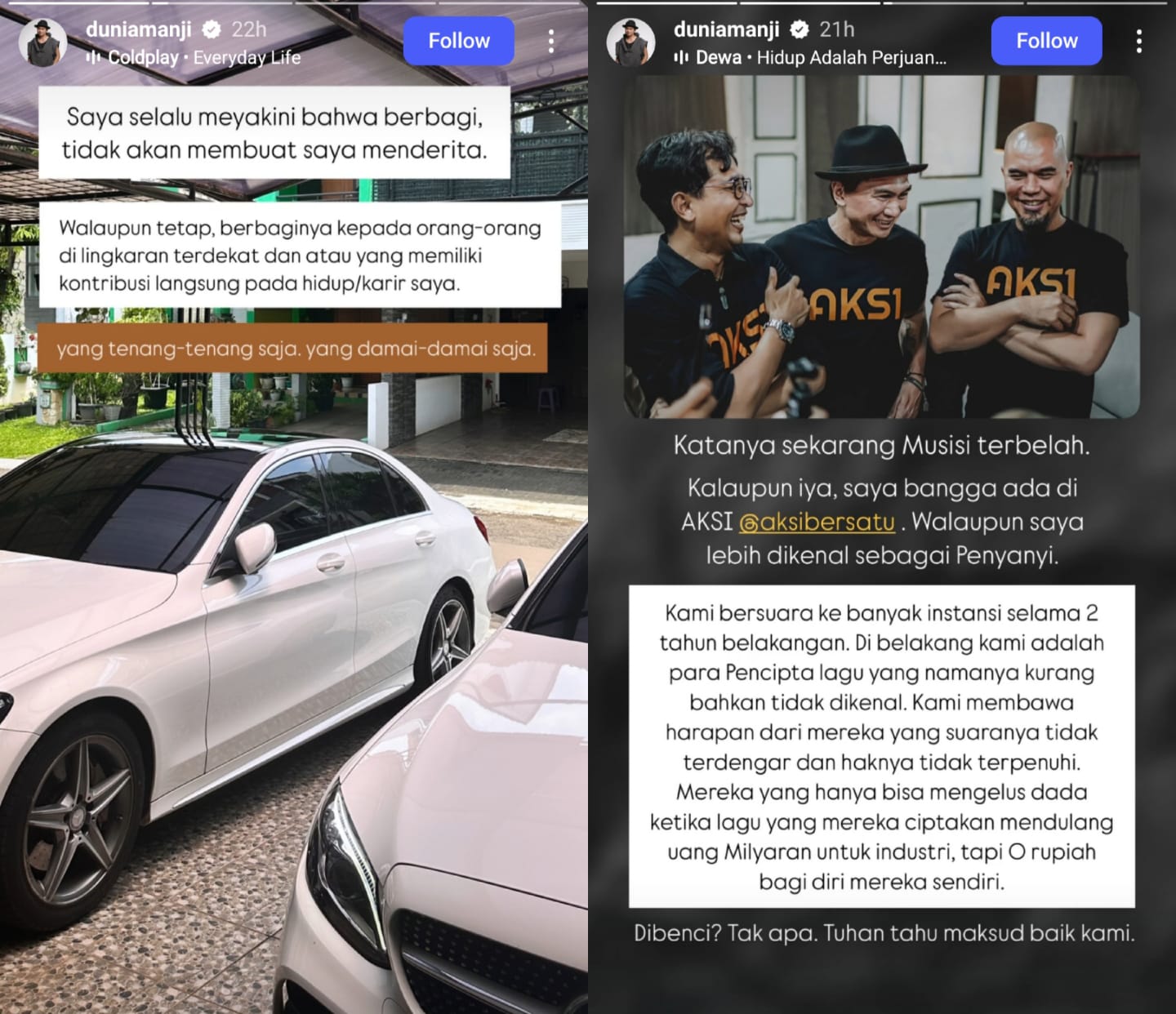 Unggahan Anji terkait royalti lagu. Foto: Dok. Instagram @duniamanji