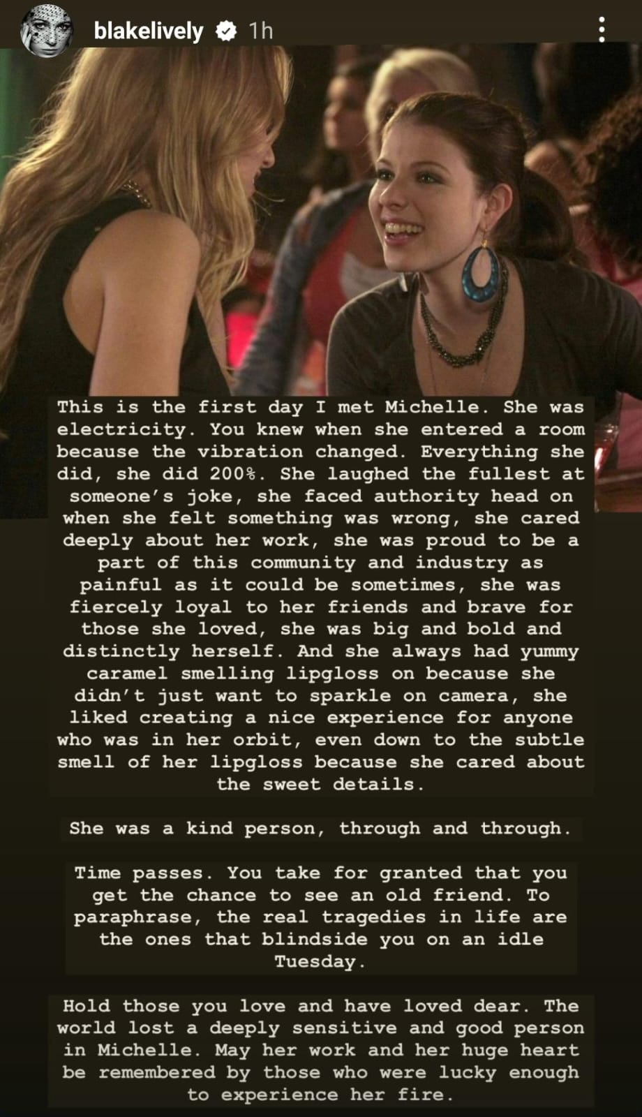 Instagram story Blake Lively mengenang Michelle Trachtenberg. Foto: Dok. Instagram @blakelively
