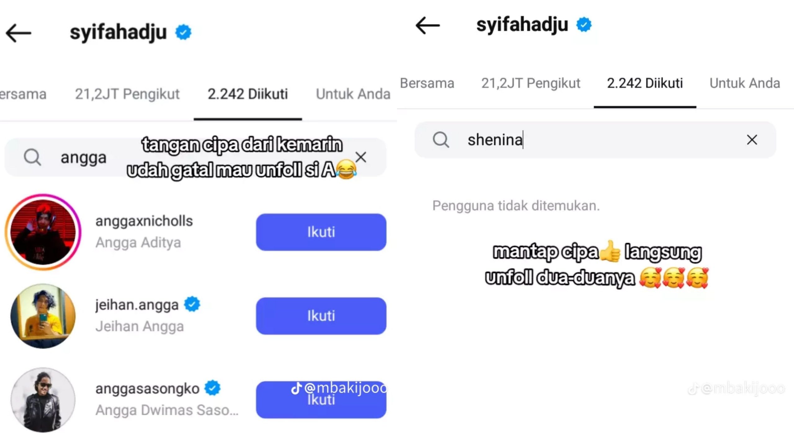Syifa unfollow Angga dan Shenina (Foto: Instagram via TikTok/mbakijooo)