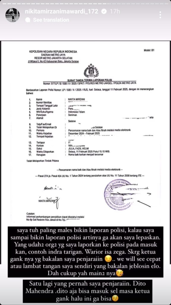 Laporan yang dibuat Nikita Mirzani (Foto: Instagram)