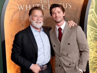 Patrick dan Arnold Schwarzenegger saat pemutaran perdana 'White Lotus 3' (Foto: Getty Images)