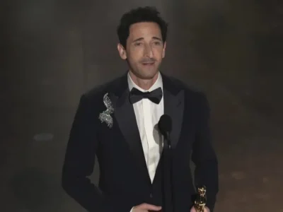 Adrien Brody saat menyampaikan pidato kemenangannya di Oscar 2025. Foto: Dok. Chris Pizzelo/AP