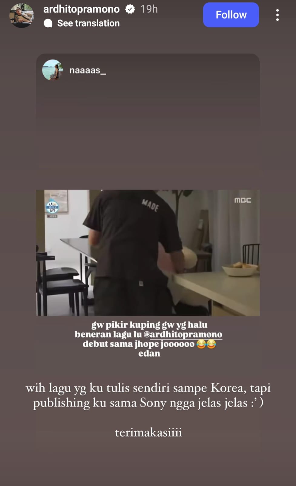 Lagu Ardhito diputar di acara TV Korea Selatan. Foto: Dok. Instagram @ardhitopramono
