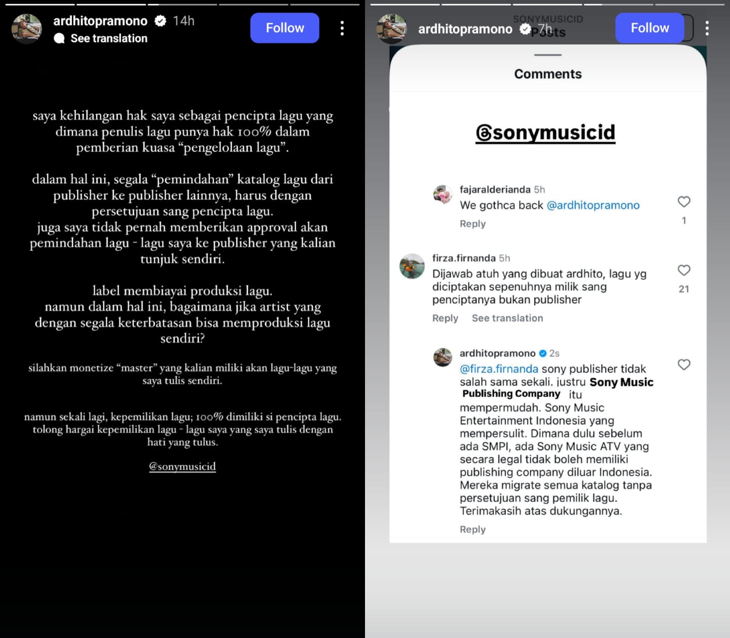 Story Ardhito terkait hak cipta lagu. Foto: Dok. Instagram @ardhitopramono