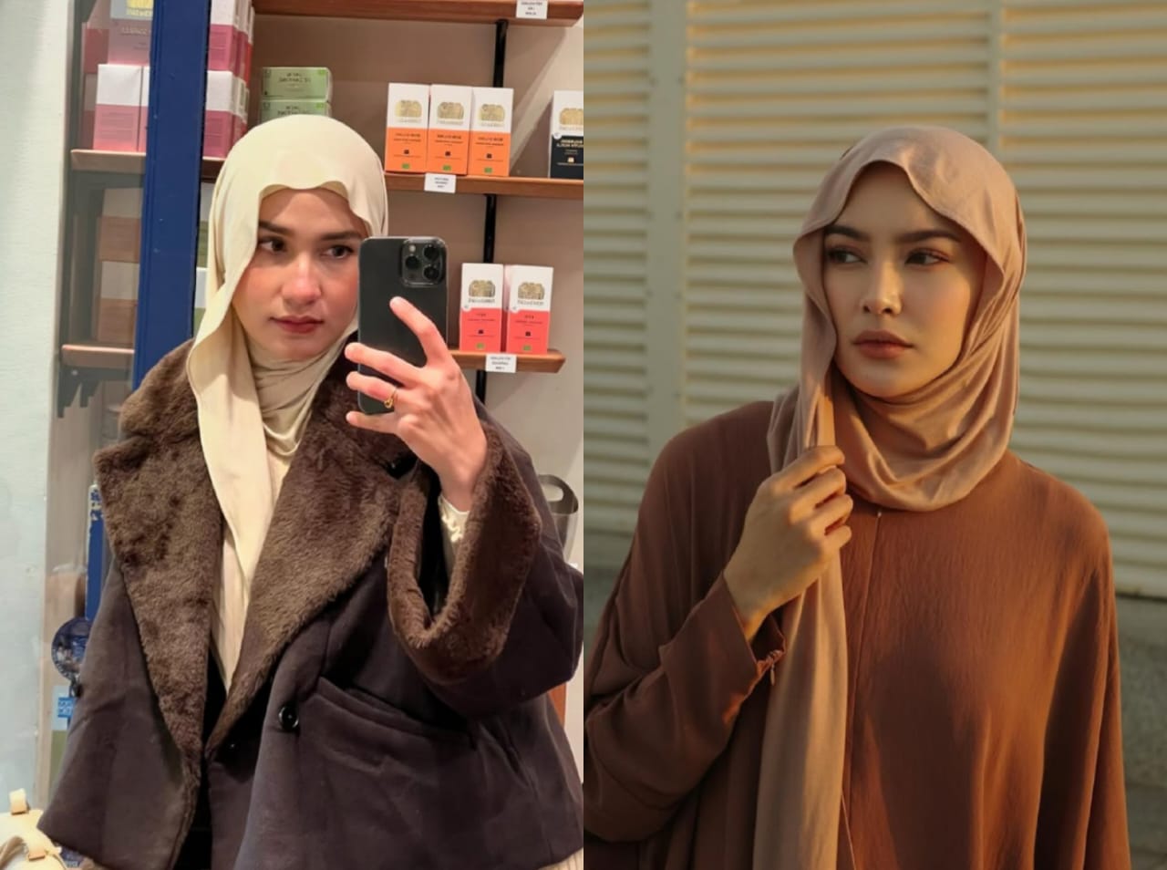Pashmina bahan kaus. Foto: Dok. Kolase Instagram @dwihanandaanda, @tanganyalini