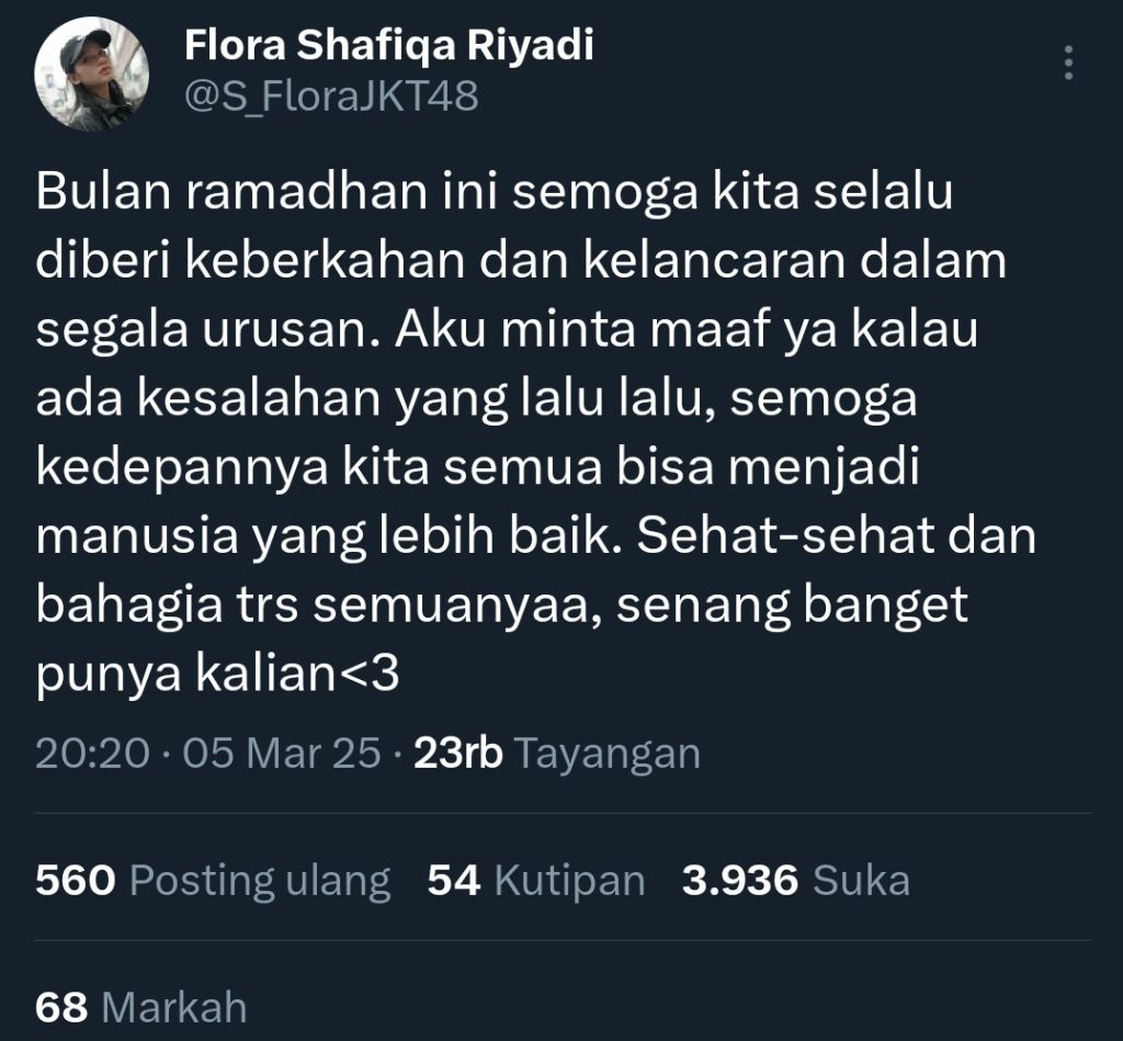 Unggahan terakhir Flo sebelum menghapus akun media soal X (Foto: X/@S_FloraJKT48)