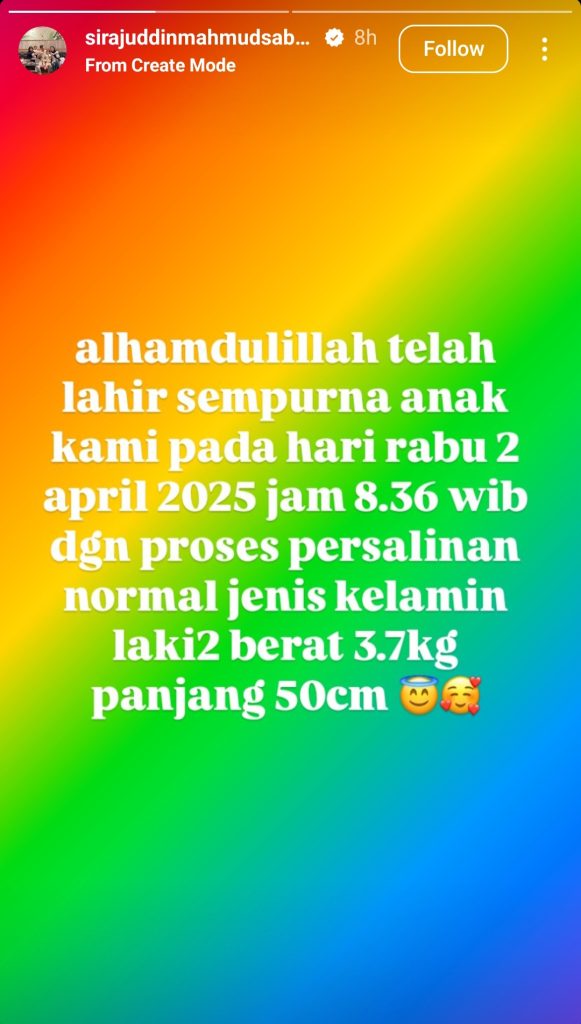 Sirajuddin mengumumkan kelahiran anak ketiganya (Foto: Instagram/sirajuddingmahmudsabang)