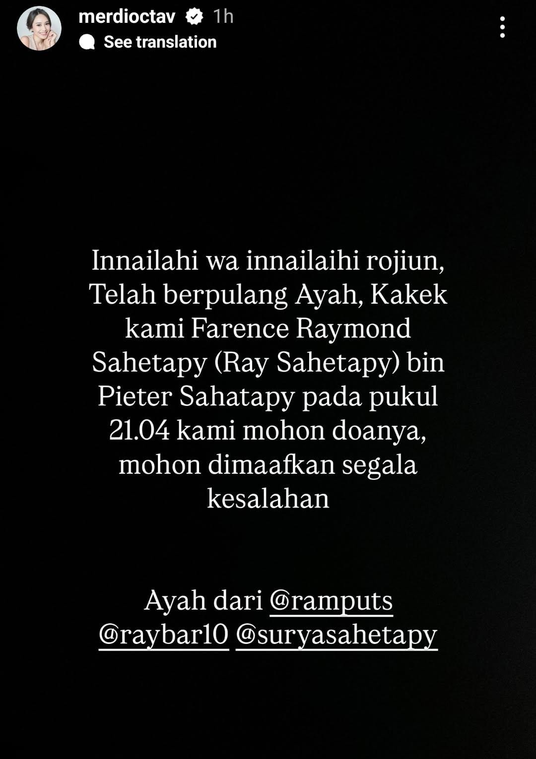 Merdianti Octavia mengumumkan kabar meninggalnya ayah mertua. Foto: Dok. Instagram @merdioctav