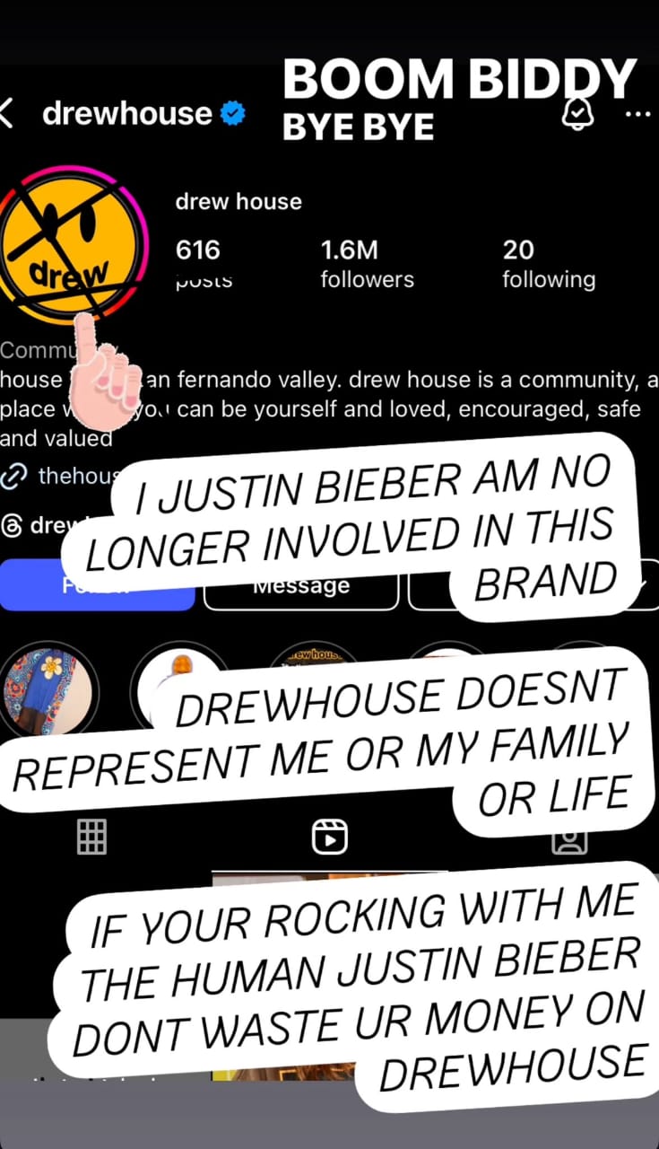 Justin Bieber mengumumkan meninggalkan Drew House. Foto: Dok. X @JustinsTourNews